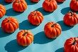 Halloween pumpkins arranged in a circle on blue surface with shadows, creating a festive and spooky display