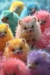 Group of colorful hedgehogs surrounded by pink and blue yarn in a playful and vibrant display