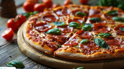 Homemade Pizza With Tomatoes and Basil on Wooden Board