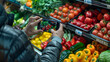 A person capturing a photo of fresh vegetables in a grocery store. Perfect for illustrating healthy eating, food shopping, and culinary concepts, generative ai