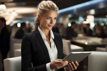 Canvas Print - Woman in business suit is holding tablet in her hand