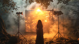 Fototapeta  - Silhouette of a person standing before a dramatic fiery explosion on a movie set, with lighting equipment on either side.