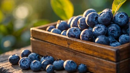 Wall Mural - ripe blueberries in a wooden box in nature