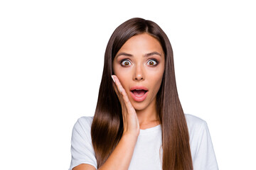 Canvas Print - Portrait of brown-haired gorgeous nice amazed young lady showing shock with hand to cheek, opened mouth, over grey background, isolated