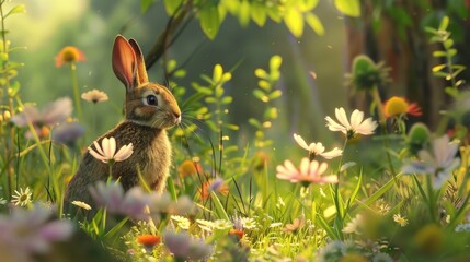 Rabbit amidst wildflowers