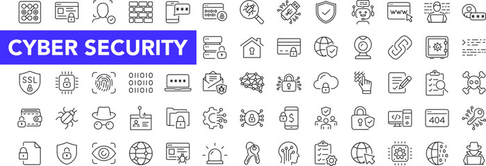 Aufkleber - Cyber security and success icon set with editable stroke. Internet protection thin line icon collection. Vector illustration