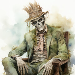 Wall Mural - Watercolor zombie king sitting, clipart Illustration, Generative Ai