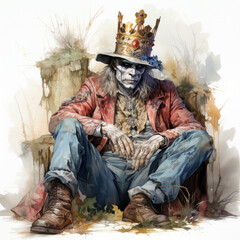 Wall Mural - Watercolor zombie king sitting, clipart Illustration, Generative Ai