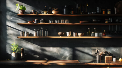 Wall Mural - Wooden black scandinavian kitchen storage organization. Perfect open shelves in dark modern kitchen. Generative AI