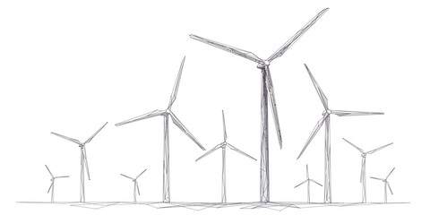 Aufkleber - Wind Energy. Wind turbine farm. Sustainable or Green power concept. Polygonal wireframe vector illustration. Windmill in digital low poly sketch style with connected dots, lines on white background. 