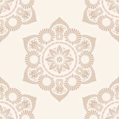  Seamless vector color pattern with mandala. Abstract oriental vector mandala background. Vintage decorative elements. Islam, Arabic, Indian, ottoman motifs. For textile, fabric and paper. Beige, paste