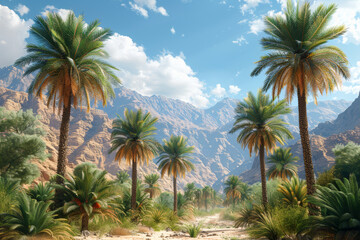 Poster - A desert oasis with palm trees providing shade for a vibrant ecosystem, illustrating the resilience of life in arid environments. Concept of desert biodiversity. Generative Ai.