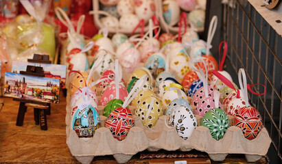 Wall Mural - Beautiful colorful decor for Easter. Traditional Easter painted colorful eggs are sold at market in Prague, Czech Republic