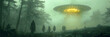 Eerie Extraterrestrial Beings with Slender Bodies,
Flying saucer depression and scary alien design in dark and foggy environment