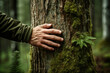 © vefimov - Person's hand is touching tree trunk covered in moss