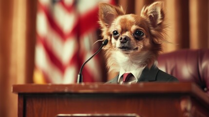 Chihuahua dictator in a suit giving a speech. The concept of politics and dictatorship.