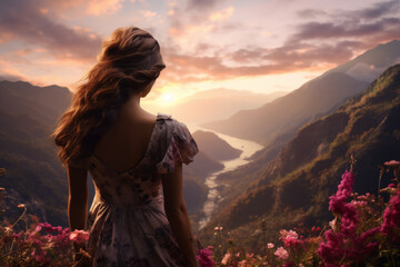 Poster - Woman stands in field of flowers, looking out over mountain range