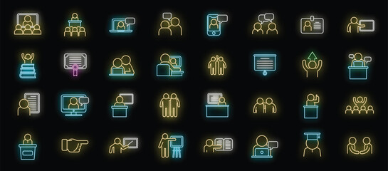 Sticker - Mentor icons set outline vector. Business leadership. Organization skill neon color isolated