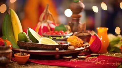 Wall Mural - Closeup View of Worship Plate Including Food and indian Traditional Festival Items.