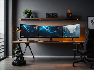 Modern game room with a computer desktop and a monitor - a programmer's workplace