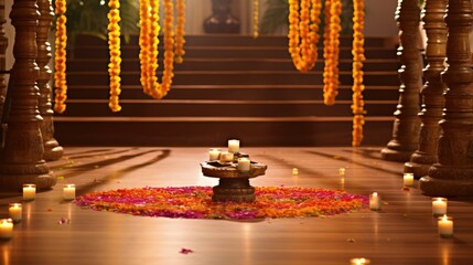 Wall Mural - Decorative Room Temple With Worship Pot on The Occasion of indian Traditional Festival.