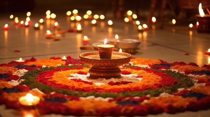 Wall Mural - Beautiful Floral Rangoli Decorated with Illuminated Candle (Diya) on Floor, Concept of indian Traditional Festival.