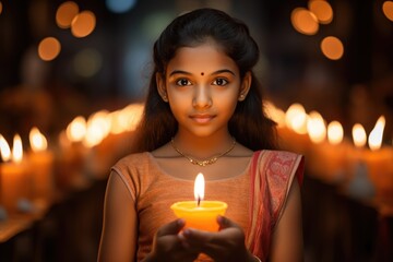 Wall Mural - Indian Young Girl Holding Illuminated Oil Lamp (Diya) in Traditional Dress on the Occasion of Indian Festival
