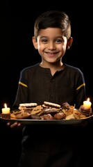 Wall Mural - Indian Young Boy Holding a Plate of Delicious Foods in Lighting Dark Background. Fictional Character Created By Generated AI