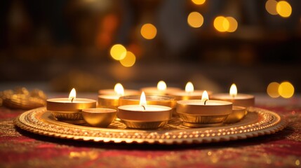 Wall Mural - Illuminated candle or diya in beautiful golden plate at the occasion of hindu festival.