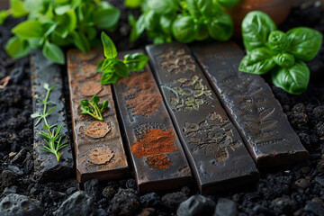 Poster - a set of engraved garden markers identifying various herbs and plants, promoting organization and kn