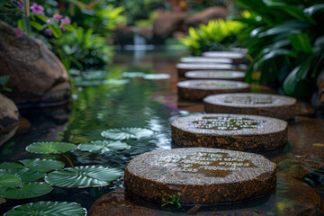 Sticker - A series of stepping stones adorned with inspirational quotes, creating a reflective pathway through a contemplative garden. Concept of combining wisdom and nature. Generative Ai.