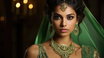 Wall Mural - Elegant Indian Woman Adorned with Traditional Gold Jewelry in Green Dress, Fictional Character Created By Generated AI