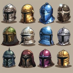 Set of medieval helmets of different shapes and colors. Icons for game