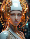 Fototapeta Big Ben - Close-up portrait of an attractive sci-fi cyborg girl with trendy glitter makeup and futuristic helmet on a space background. Cyberpunk concept. AI Generative
