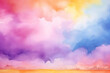 Abstract Watercolor Background with Bright Puffy Clouds in Rainbow Shades of Purple, Orange, Yellow, Blue, and Pink. Colorful Easter Sunset Vivid and Pastel Texture