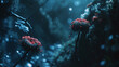 Red flowers on the background of a dark blue forest. AI.