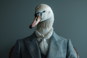 Wall Mural - An anthropomorphic character in business clothing with a swan's head, representing grace and elegance in professional settings. Concept of refined leadership. Generative Ai.