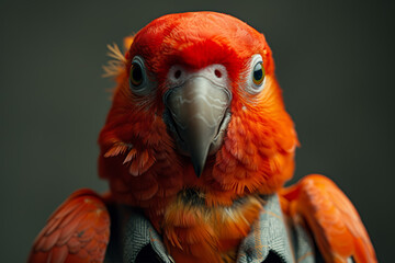 Poster - An individual in corporate clothing with a parrot's head, signifying effective communication and adaptability in professional interactions. Concept of vocal leadership. Generative Ai.