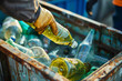 Ecological recycling containers for glass and crystal, worker throwing away bottles to be reused in the future