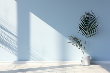 Wall Mural - White vase with plant in it sits on white tile floor in room with blue