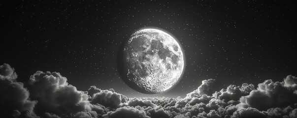 Wall Mural - Amazing scenery of white glowing moon with craters in black sky with clouds at night
