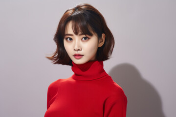 Woman in red sweater is standing in front of gray background