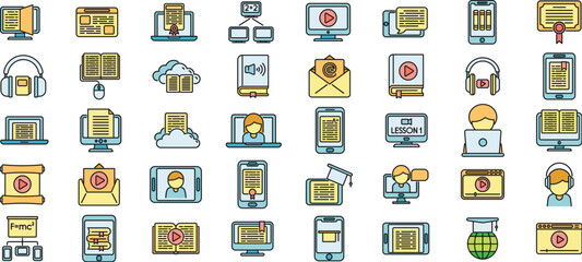 Poster - distance education icons set outline vector. online home class. education learn thin line color flat