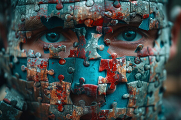 Sticker - A man holding a puzzle piece in front of his face, showcasing the complexity and mystery of mental health. Concept of the mind as a puzzle. Generative Ai.