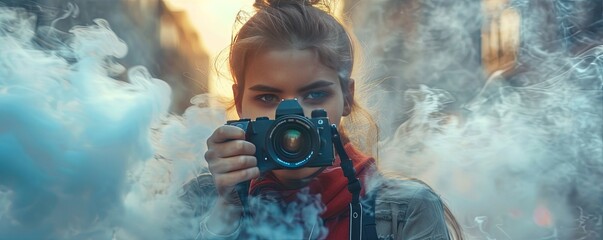 Wall Mural - Hip young girl with old analog camera surrounded with smoke.