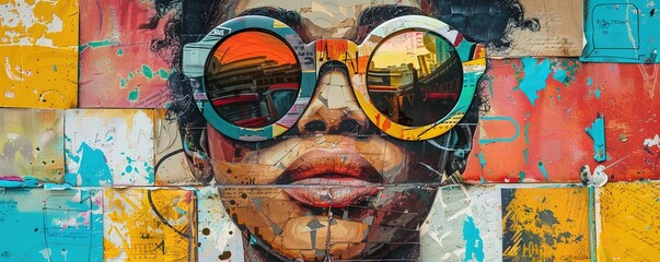 Poster - Mixed-Media colorful portrait of woman in modern sunglasses with different collage elements