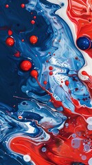 Wall Mural - mix of red white blue color paints with blended drops on fluid while forming abstract patterns against blue background