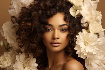 Poster - Woman with curly hair is surrounded by white flowers