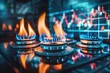 gas stove burners. natural gas. cost growth concept with gas burners and stock charts blurred on background