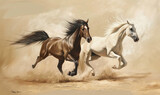 Fototapeta Konie - A pair of horses running side by side, their fur ruffled by the wind, with a background that is abstract and textured, creating an oil painting effect, Generative Ai